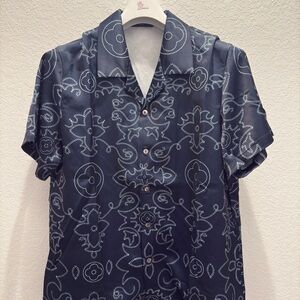 Louis Vuitton Navy Short-Sleeve Printed Silk Button-Down Shirt